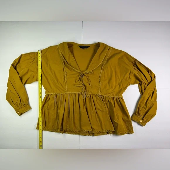 Calligraphie Boho Mustard Lace Trim Tie Front Blouse Size L - Picture 12 of 14